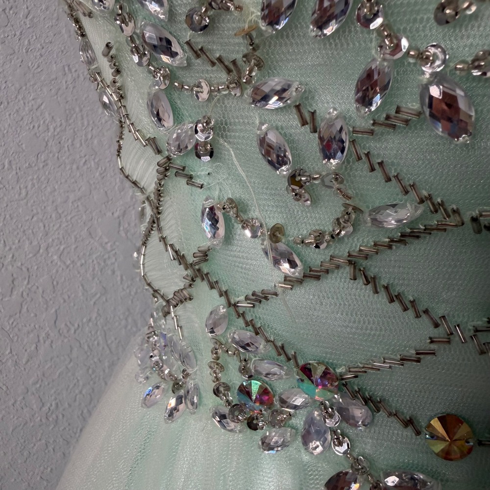 Clarisse Mint Beaded Homecoming Dress Size 2 Illusion Neck Rhinestone Fit Flare - Picture 5 of 14